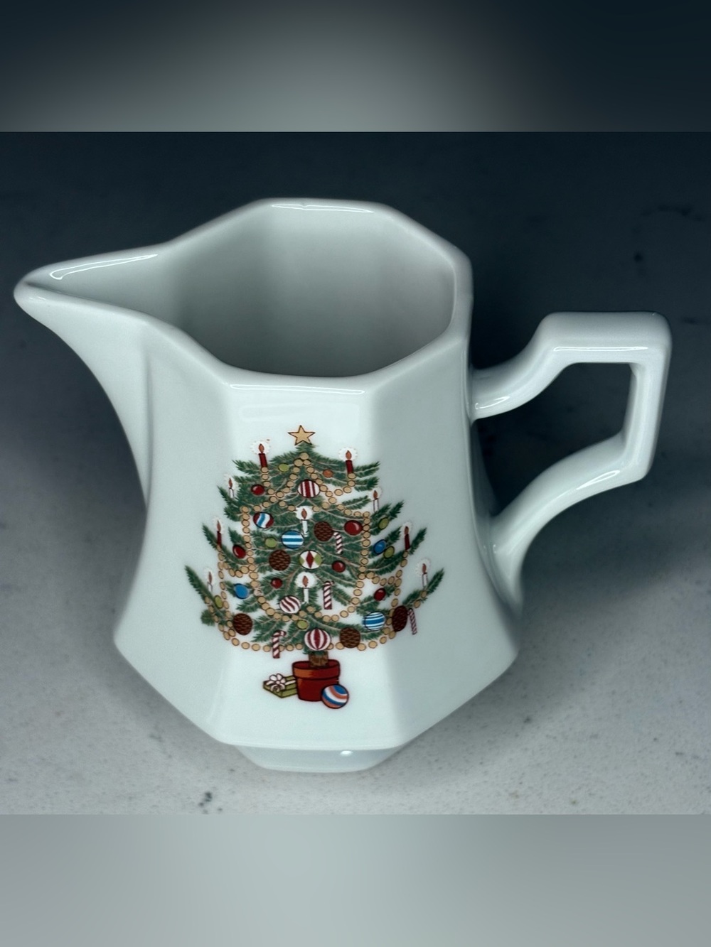 White Ceramic Christmas Tree Creamer “Fairfield”- Peace on Earth